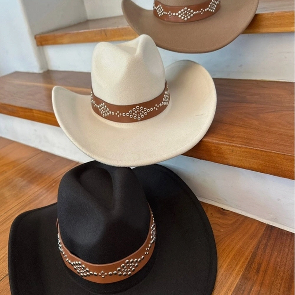 VEGAN FELT COWBOY HAT STUDDED LEATHER BELT