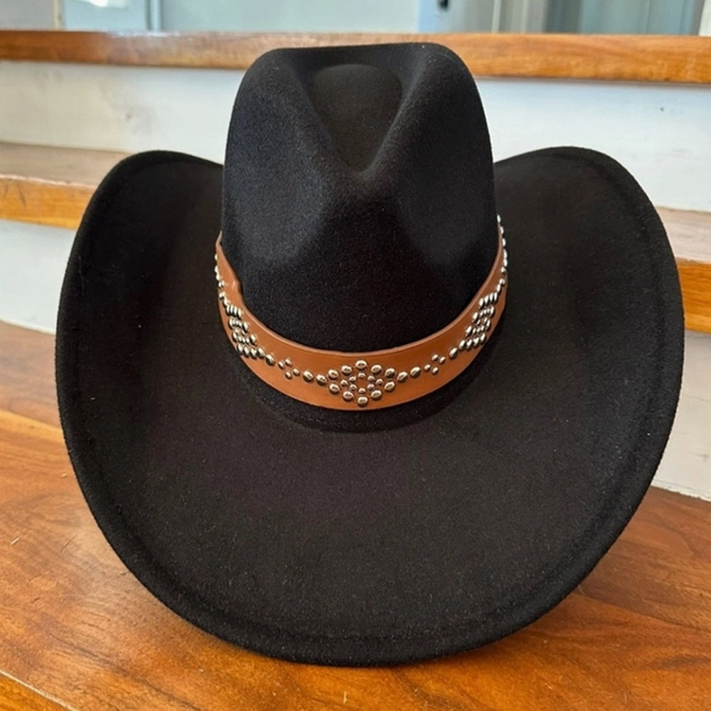 VEGAN FELT COWBOY HAT STUDDED LEATHER BELT