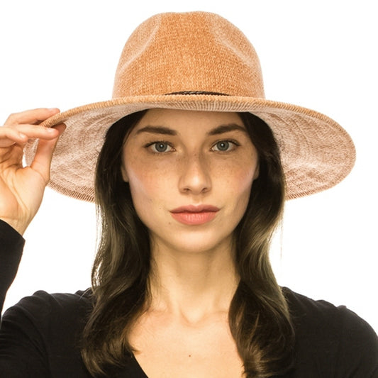 CHENILLE KNIT FEDORA HAT WITH BRAID