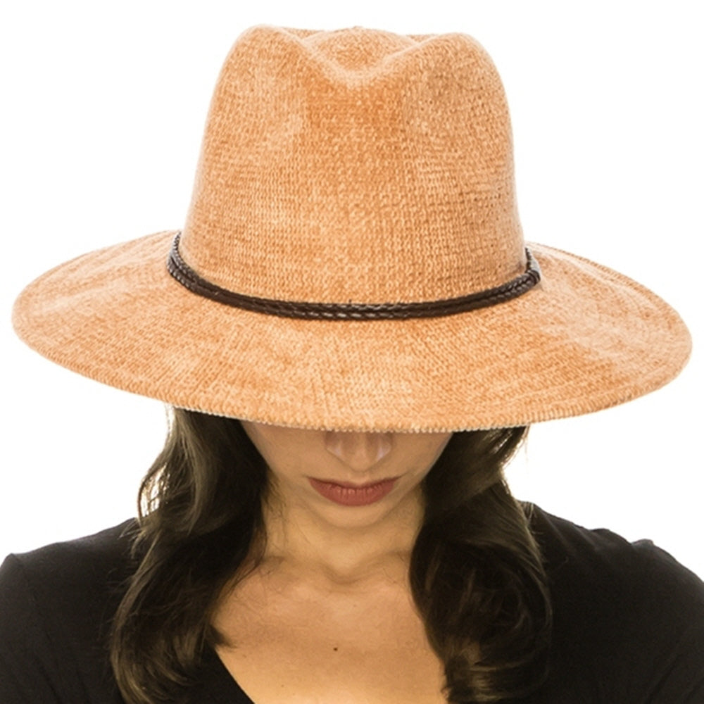 CHENILLE KNIT FEDORA HAT WITH BRAID