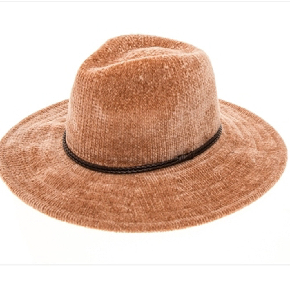 CHENILLE KNIT FEDORA HAT WITH BRAID