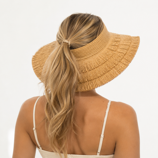 Beachy Fringe Crownless Straw Visor - women's straw hat - SOLOVE
