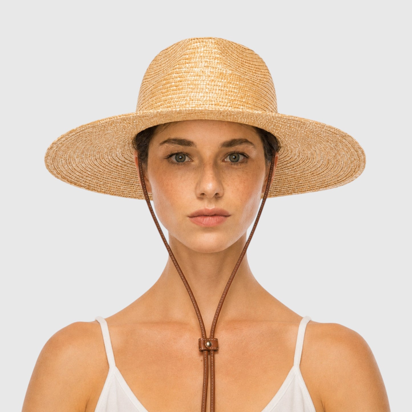 Wheat Straw Wide Brim Rancher Hat with Leather Chin Cord