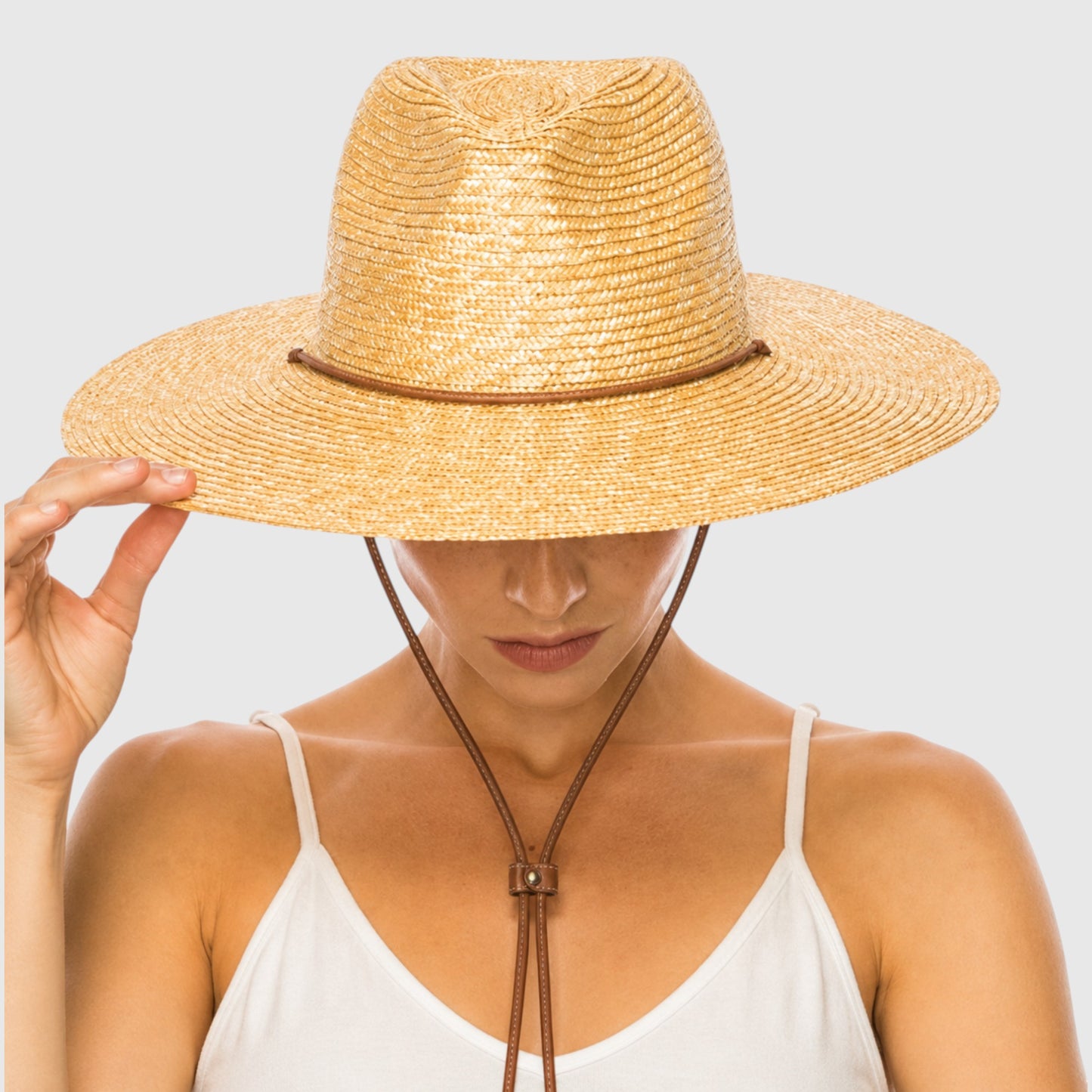 Wheat Straw Wide Brim Rancher Hat with Leather Chin Cord