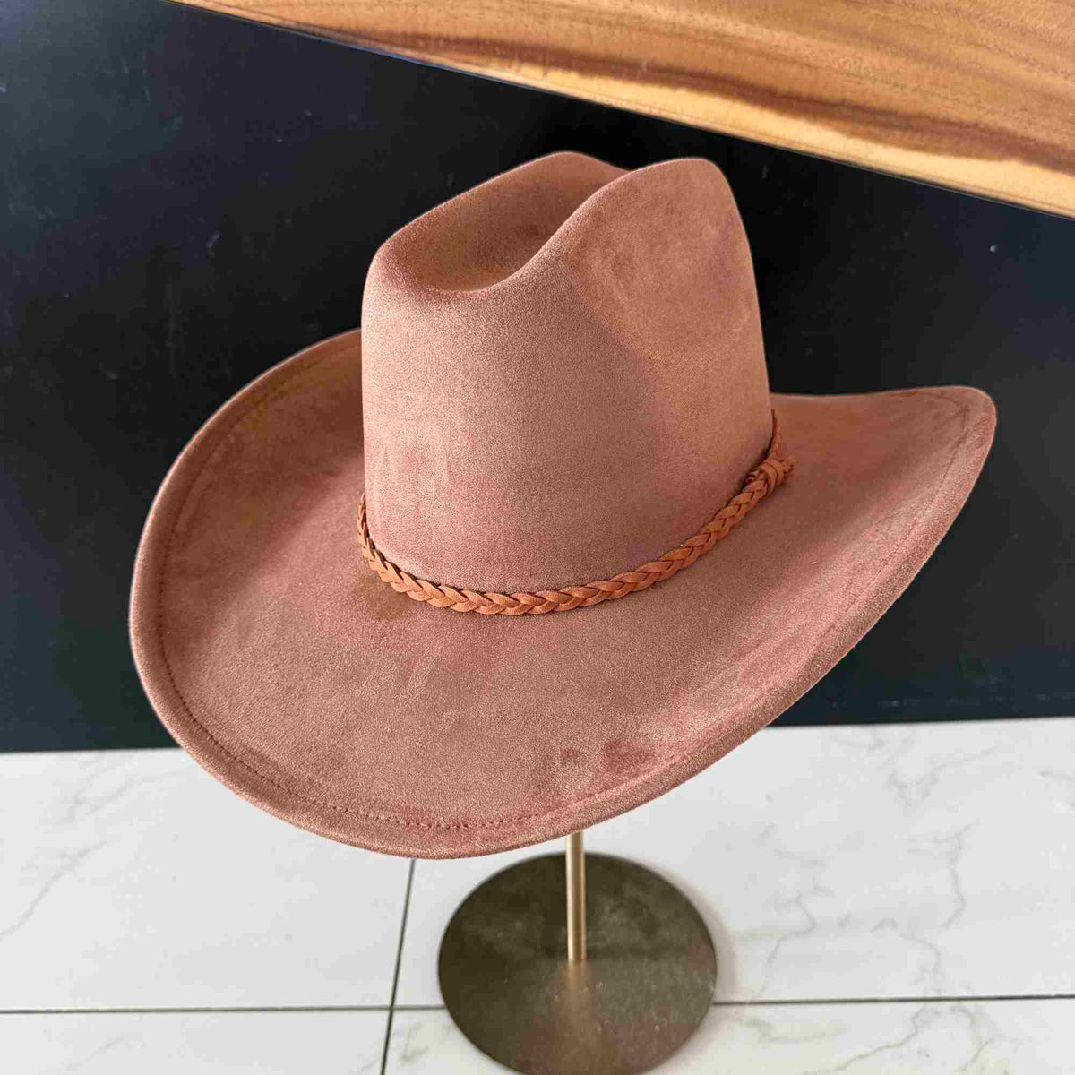 Vegan Suede Cattleman Hat W/Braide suede hat band