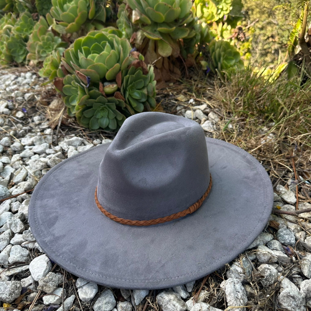 WIDE BRIM VEGAN SUEDE  HAT W/ BRAIDE BELT