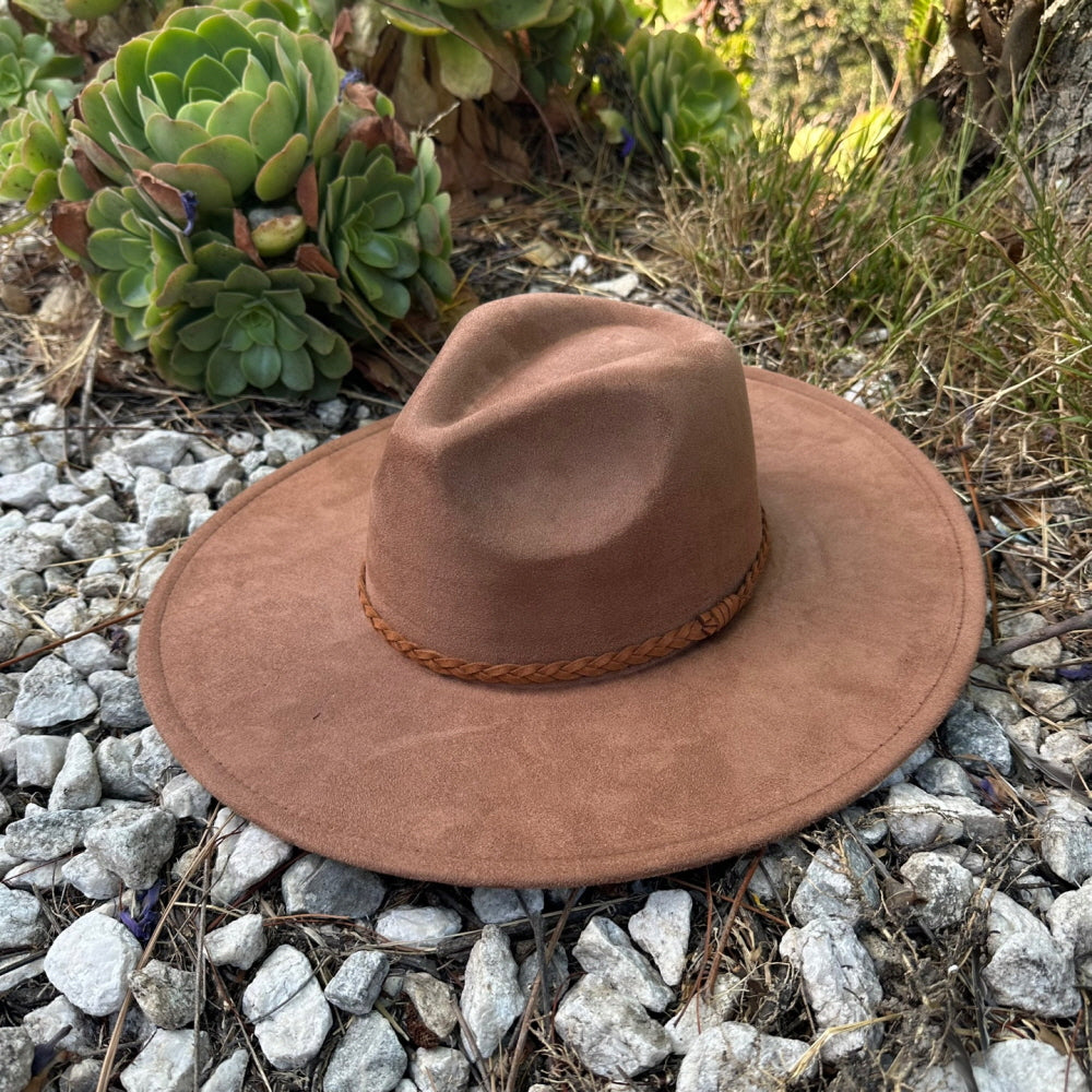 WIDE BRIM VEGAN SUEDE  HAT W/ BRAIDE BELT