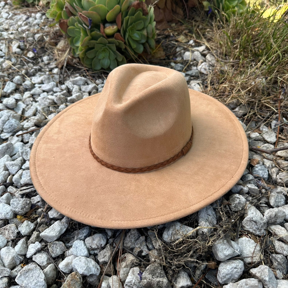 WIDE BRIM VEGAN SUEDE  HAT W/ BRAIDE BELT