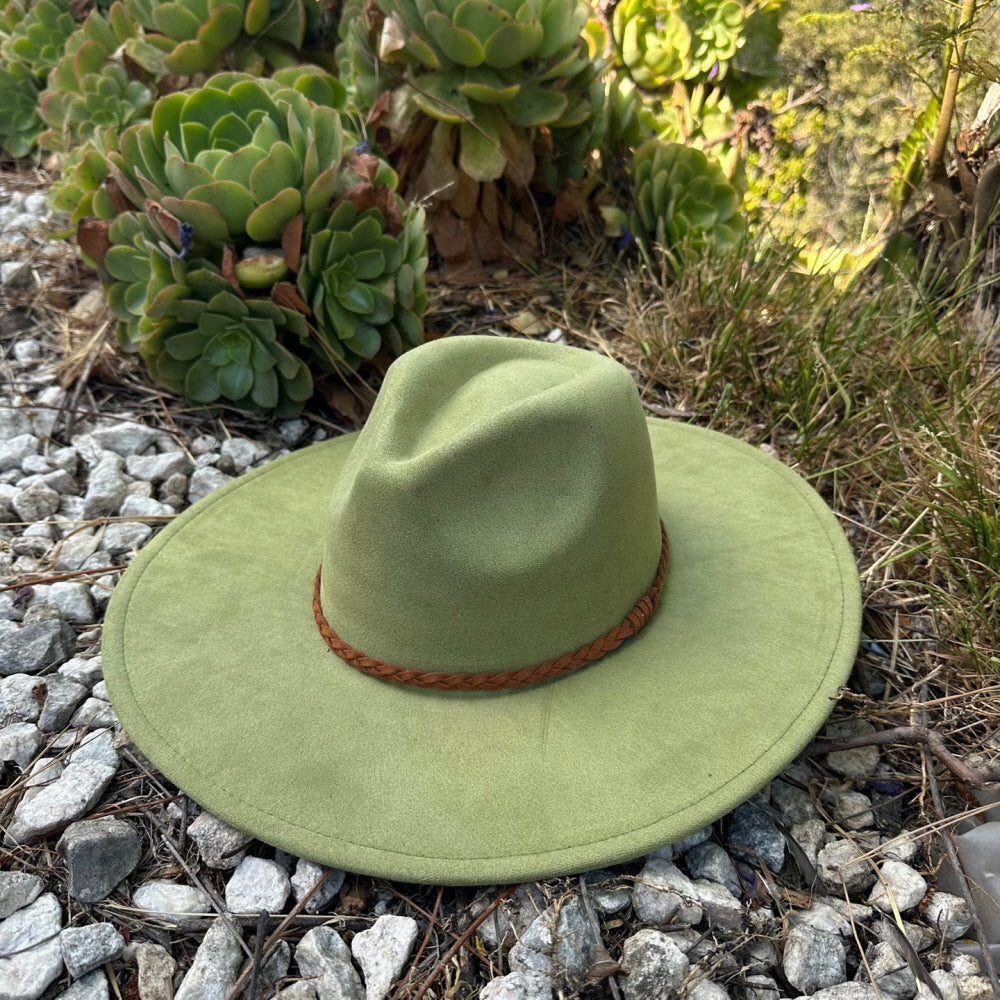 WIDE BRIM VEGAN SUEDE  HAT W/ BRAIDE BELT