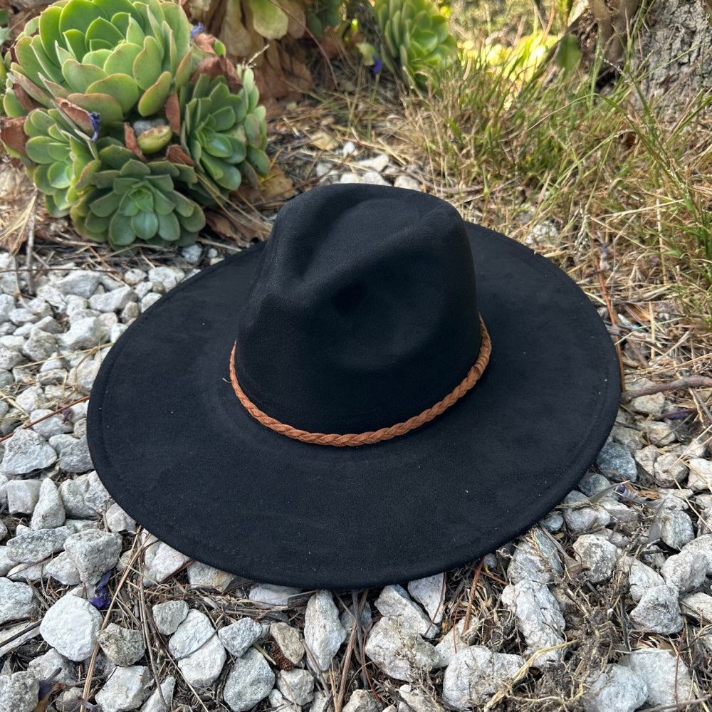 WIDE BRIM VEGAN SUEDE  HAT W/ BRAIDE BELT