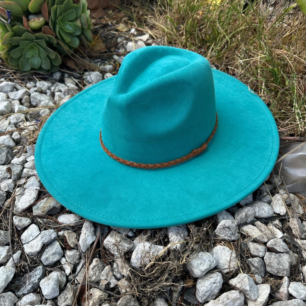 WIDE BRIM VEGAN SUEDE  HAT W/ BRAIDE BELT