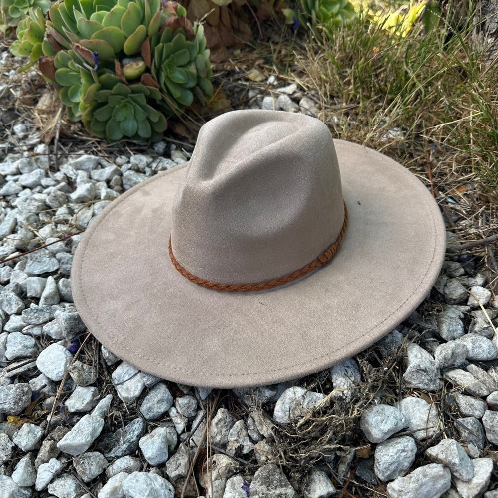 WIDE BRIM VEGAN SUEDE  HAT W/ BRAIDE BELT