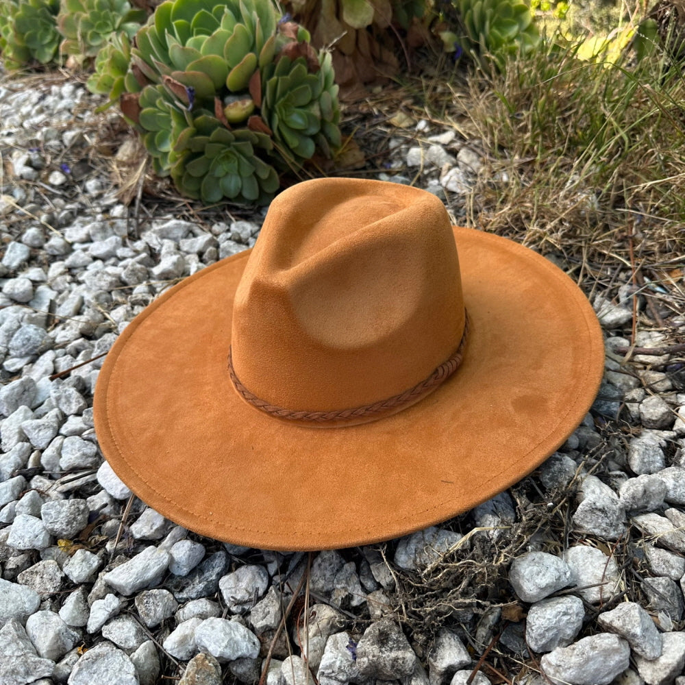 WIDE BRIM VEGAN SUEDE  HAT W/ BRAIDE BELT