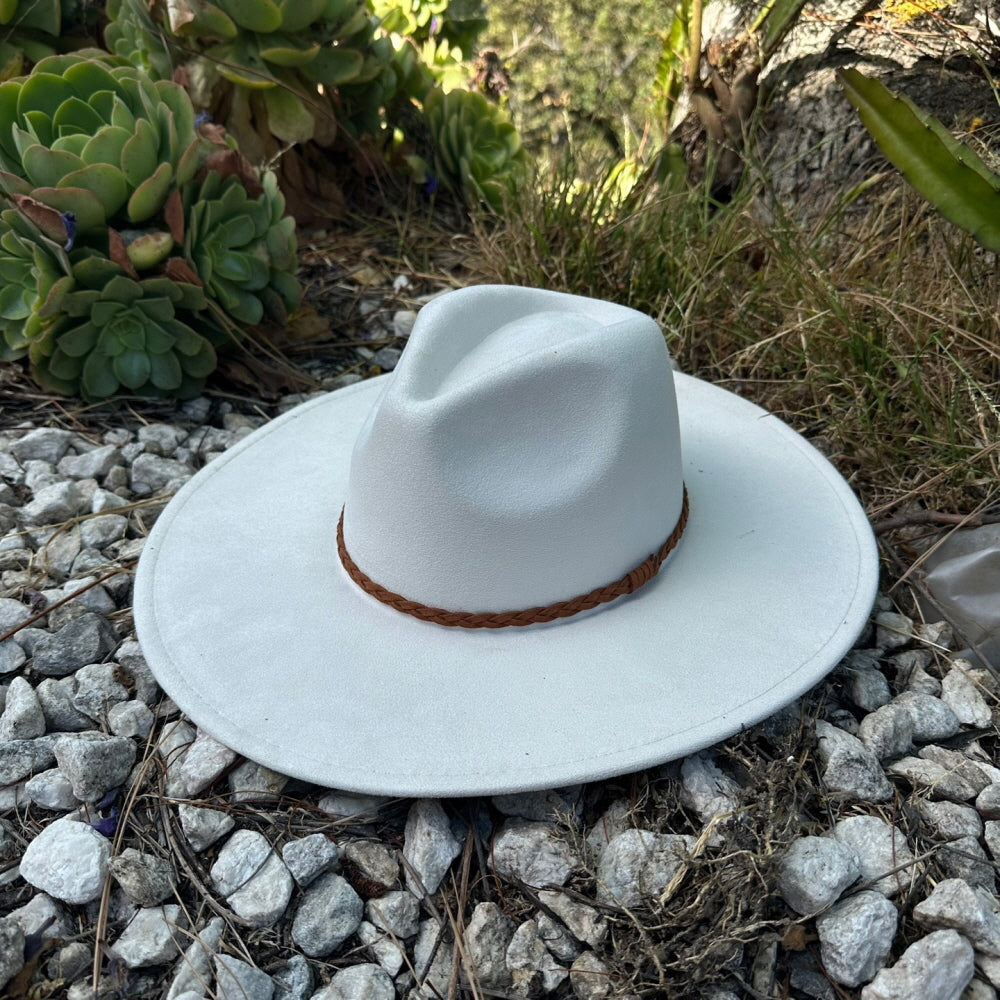 WIDE BRIM VEGAN SUEDE  HAT W/ BRAIDE BELT