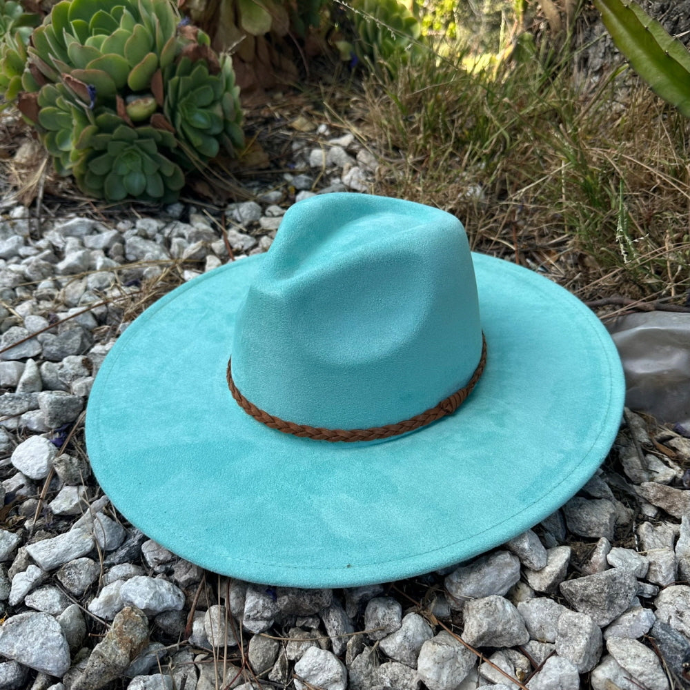 WIDE BRIM VEGAN SUEDE  HAT W/ BRAIDE BELT