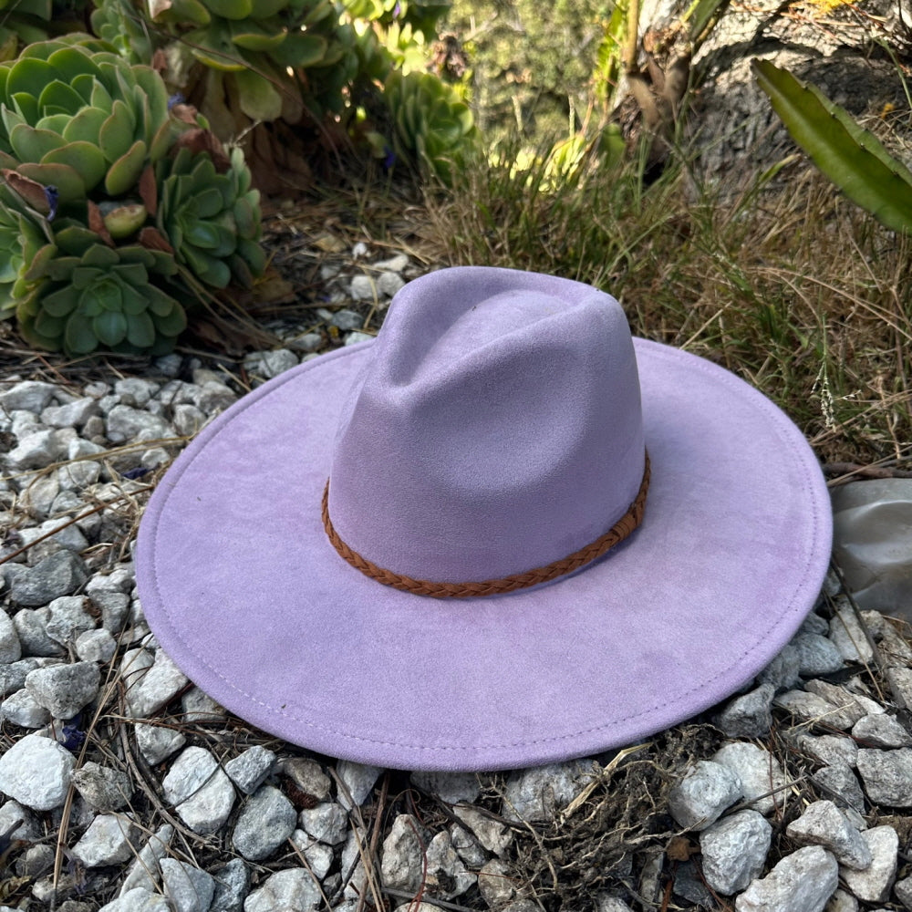 WIDE BRIM VEGAN SUEDE  HAT W/ BRAIDE BELT