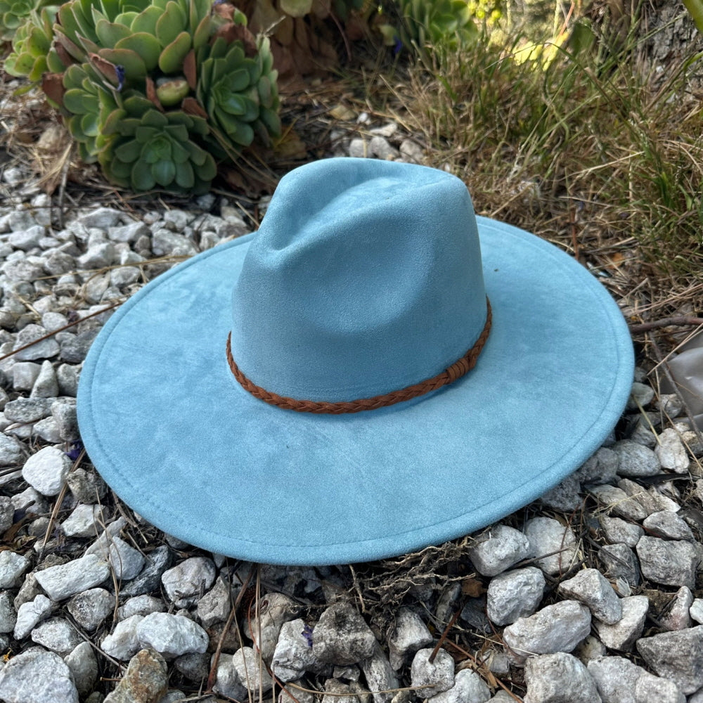 WIDE BRIM VEGAN SUEDE  HAT W/ BRAIDE BELT