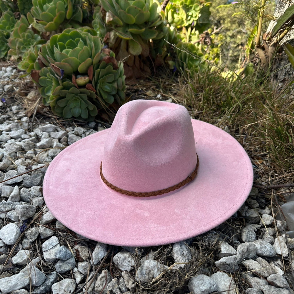 WIDE BRIM VEGAN SUEDE  HAT W/ BRAIDE BELT