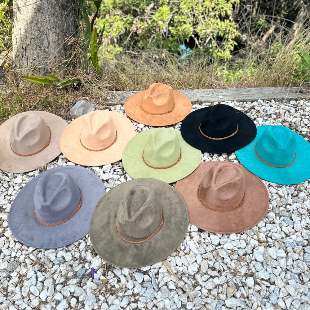 WIDE BRIM VEGAN SUEDE  HAT W/ BRAIDE BELT