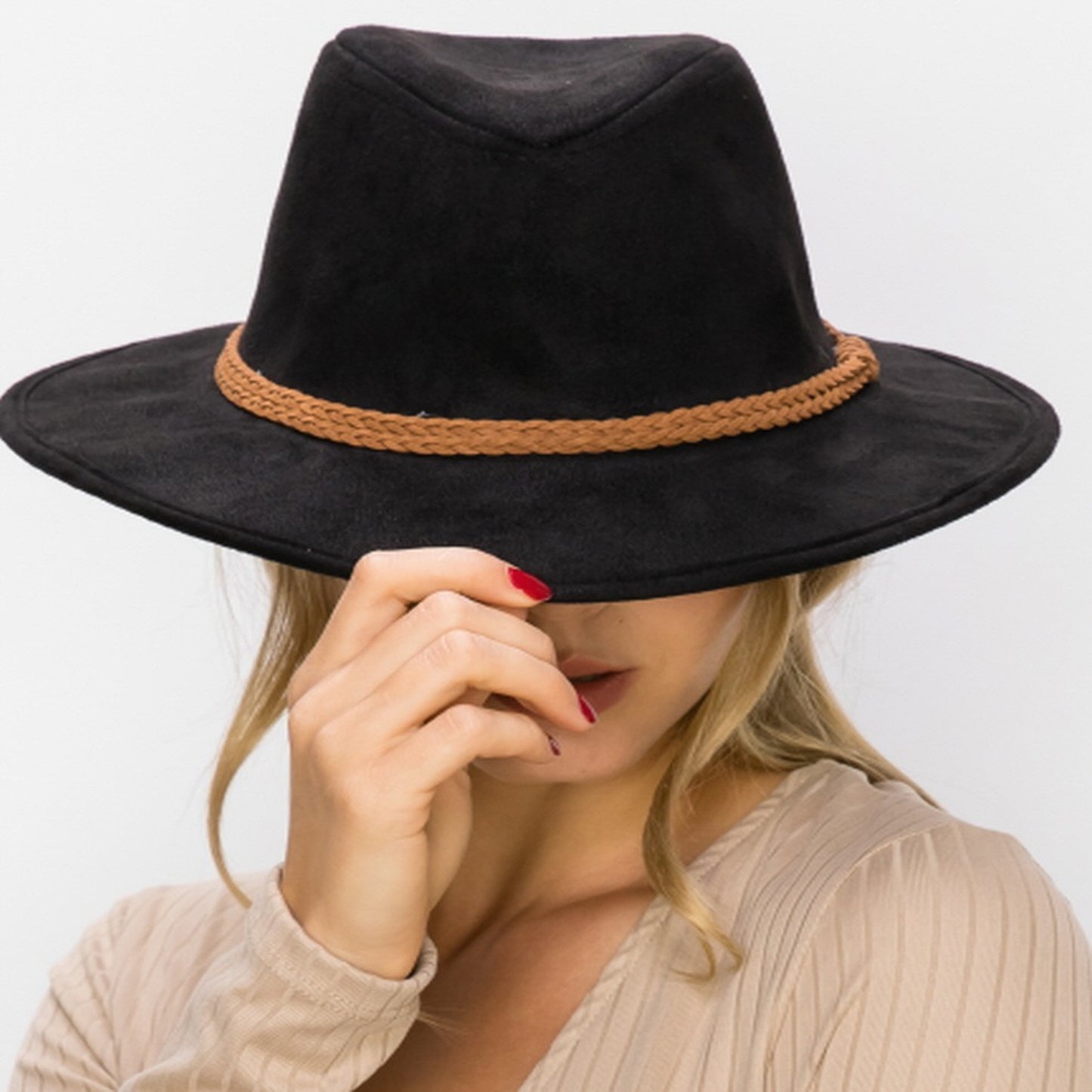 SHORT BRIM SUEDE RANCHER HAT  W/ BRAIDE SUEDE BEELT