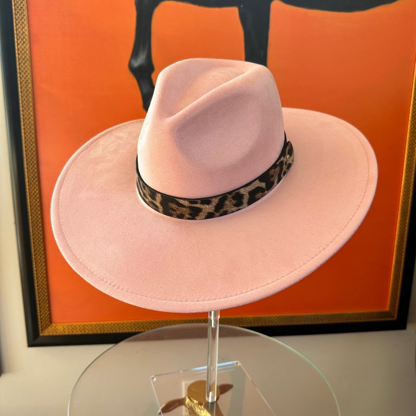 WIDE BRIM VEGAN SUEDE HAT WIDE LEOPARD LEATHER BELT