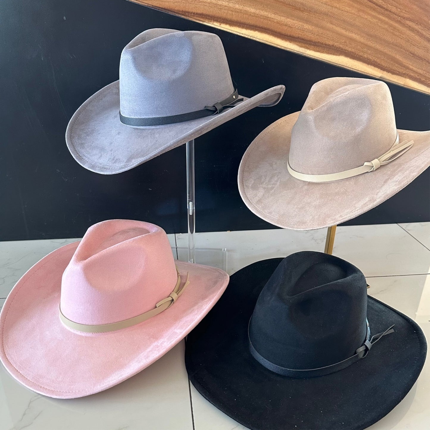 VEGAN SUEDE COWBOY HAT W/ LEATHER BELT