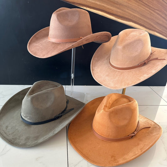 VEGAN SUEDE COWBOY HAT W/ LEATHER BELT