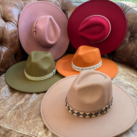 FASHION CLASSIC WIDE BRIM VEGAN FELT FEDORA W/ JAQUARD TAPE