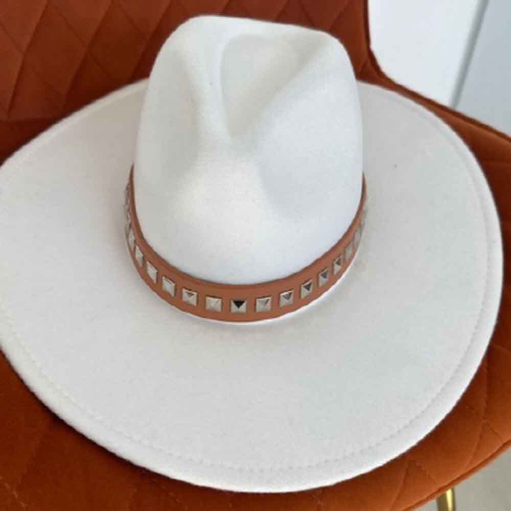 VEGAN FELT FEDORA  W/STUDDED LEATHER BELT