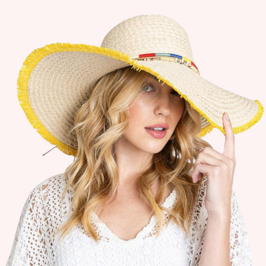 COLORED FRAYED FLOPPY STRAW HAT WITH MULTI BAND