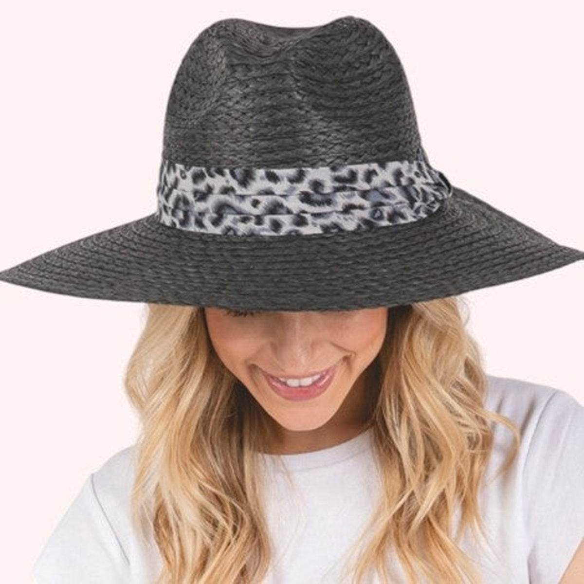 Beige Straw Sun Hat with Leopard Accent Band Castaway Hat Company - Rawr - Leopard Print Beach Straw Hat main image 2
