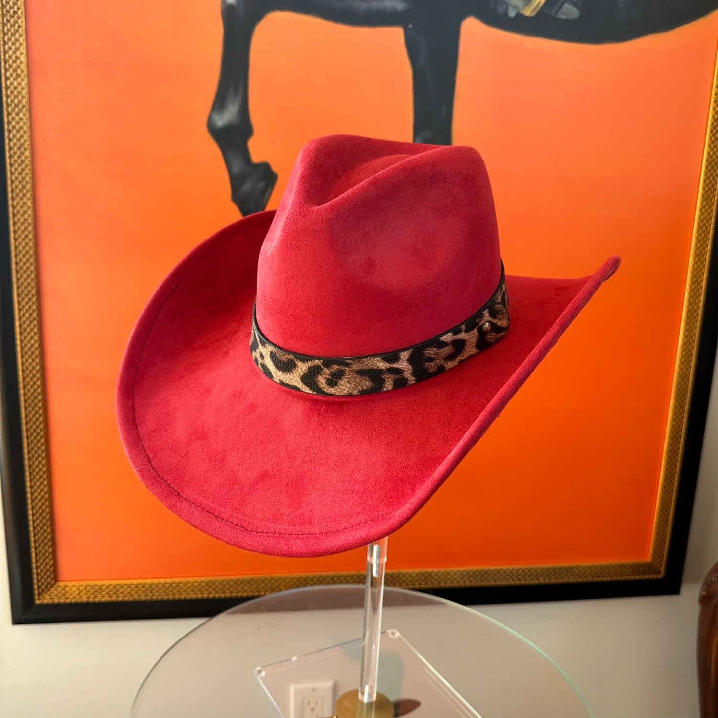 VEGAN SUEDE COWBOY HAT W / LEOPARD LEATHER BELT