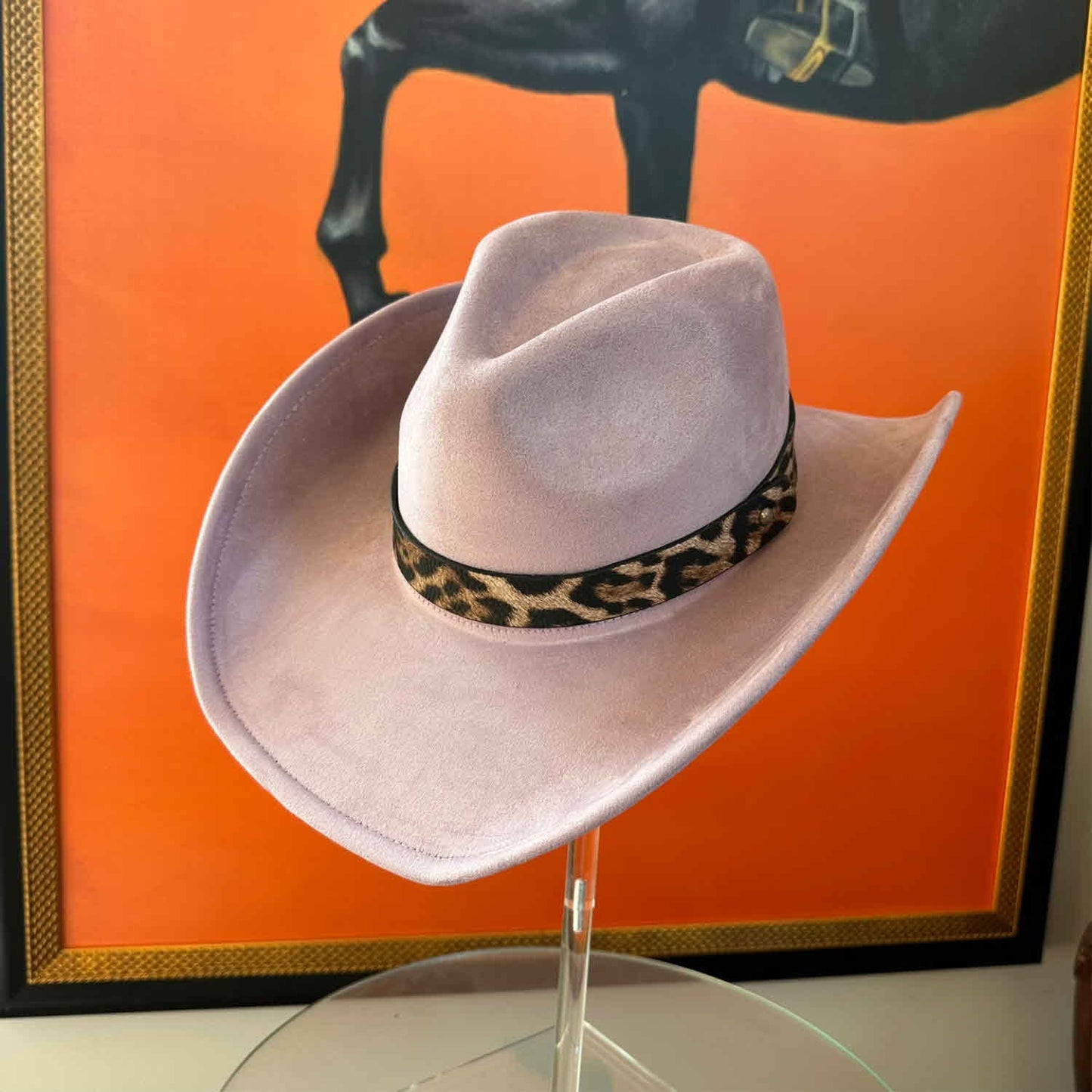 VEGAN SUEDE COWBOY HAT W / LEOPARD LEATHER BELT