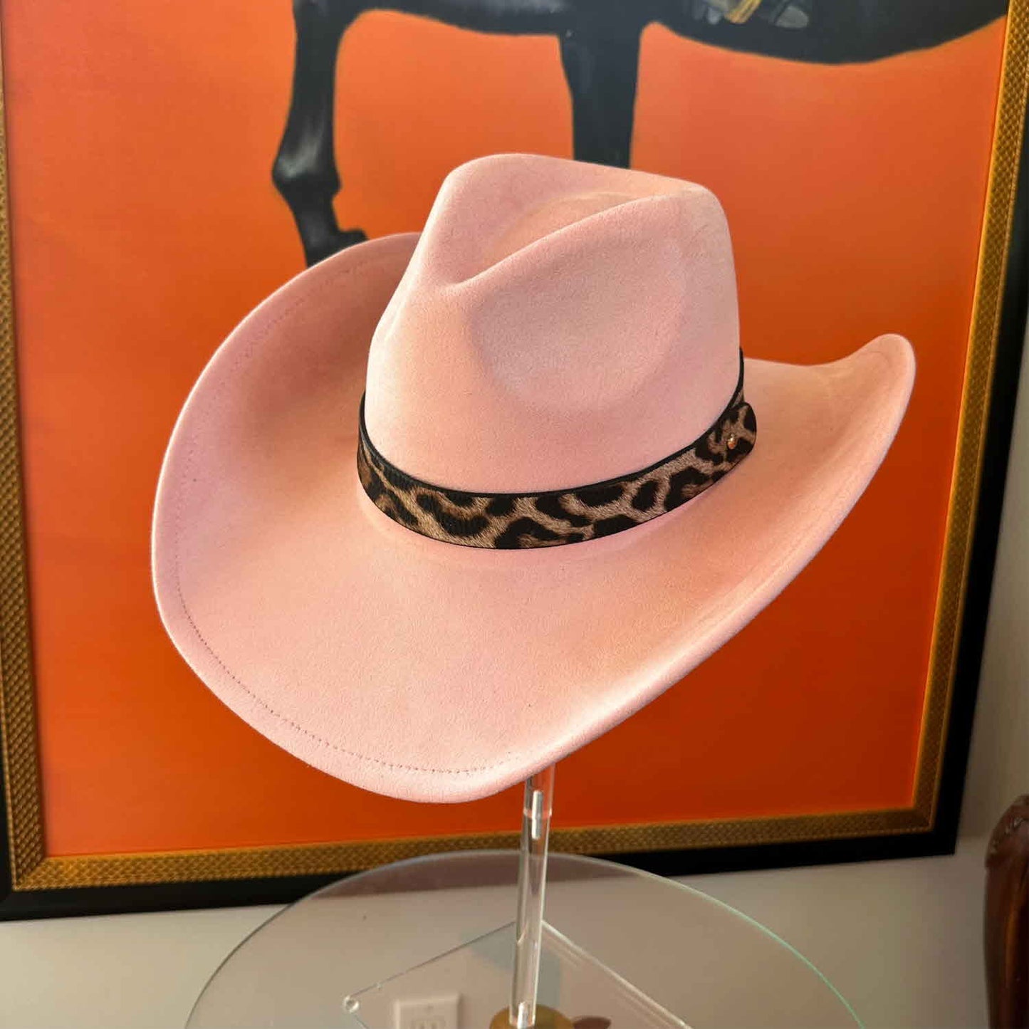 VEGAN SUEDE COWBOY HAT W / LEOPARD LEATHER BELT