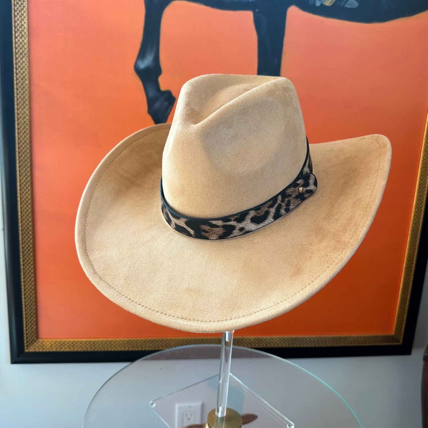 VEGAN SUEDE COWBOY HAT W / LEOPARD LEATHER BELT