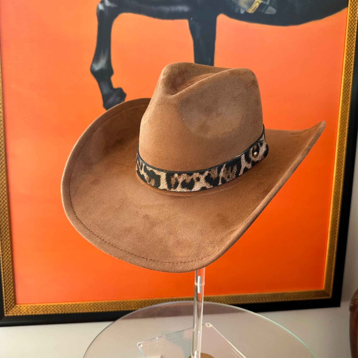 VEGAN SUEDE COWBOY HAT W / LEOPARD LEATHER BELT