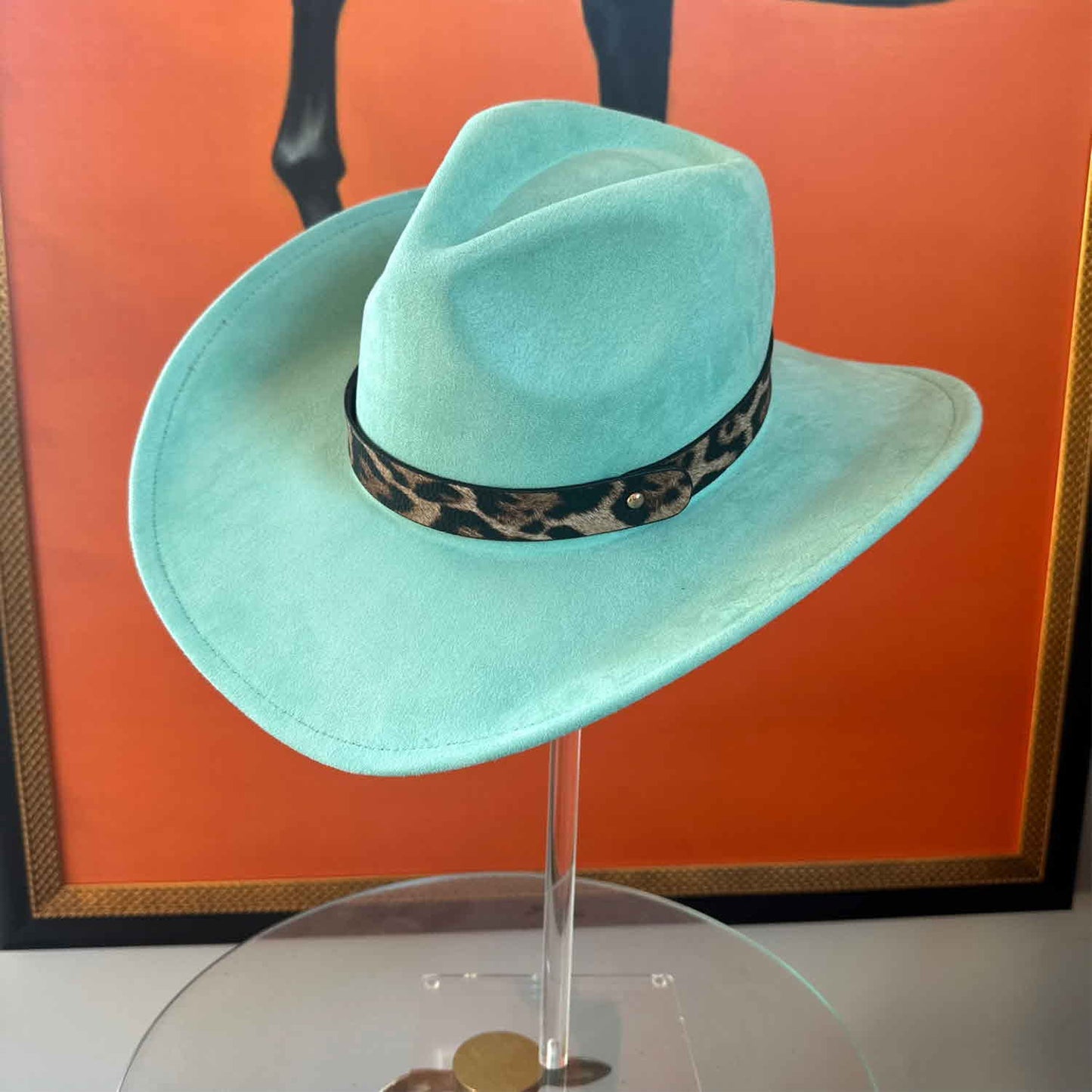 VEGAN SUEDE COWBOY HAT W / LEOPARD LEATHER BELT