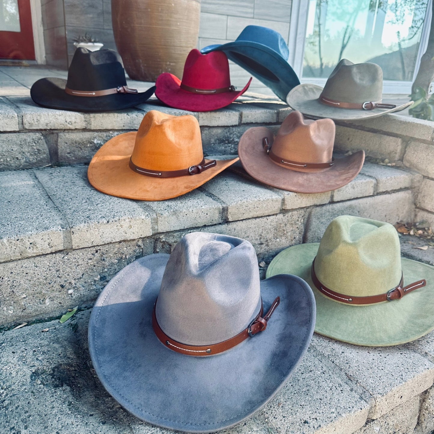 VEGAN SUEDE COWBOY HAT W/ LEATHER BELT