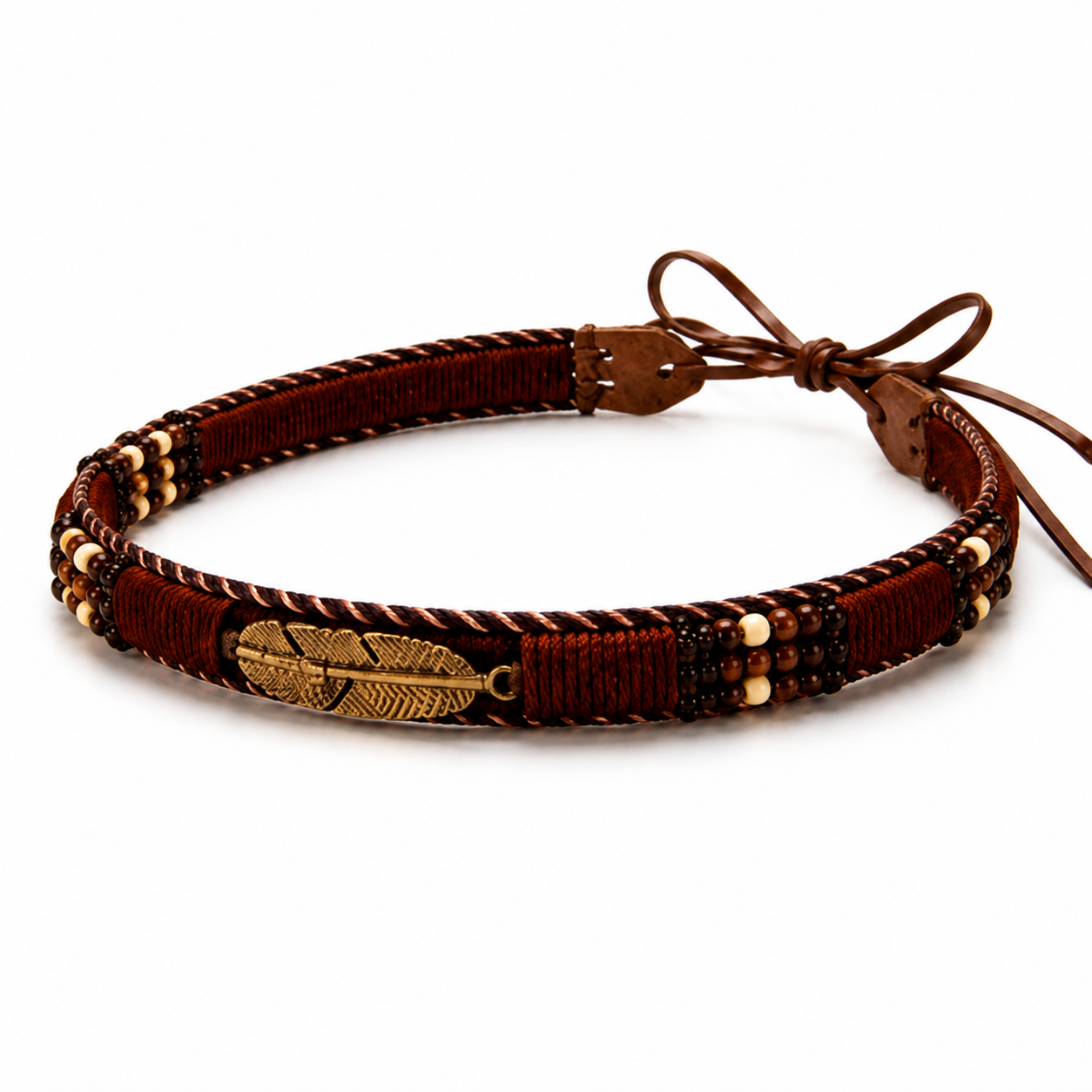 Boho Feather Beaded Tie-On Hat Band – Brown Multi