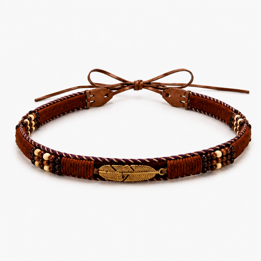 Boho Feather Beaded Tie-On Hat Band – Brown Multi