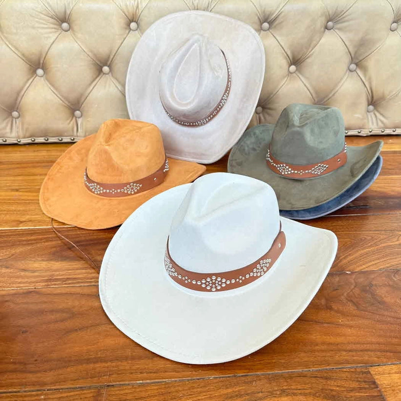 VEGAN SUEDE COWBOY HAT STUDDED LEATHER BELT