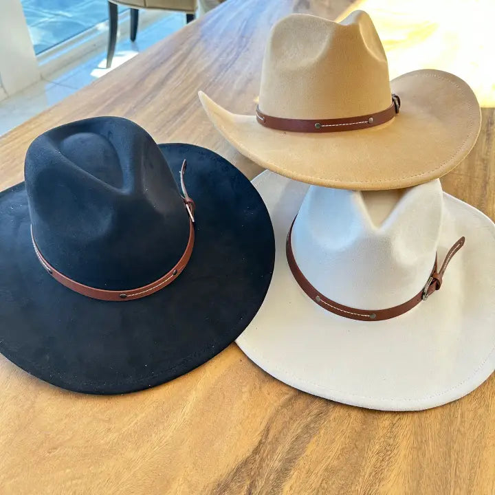 VEGAN SUEDE COWBOY HAT W/ LEATHER BELT