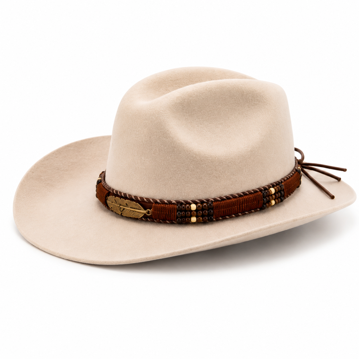 Boho Feather Beaded Tie-On Hat Band – Brown Multi